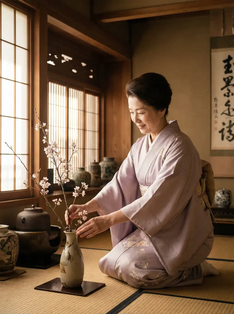 一位优雅的 新英体育平台 在和室中插花